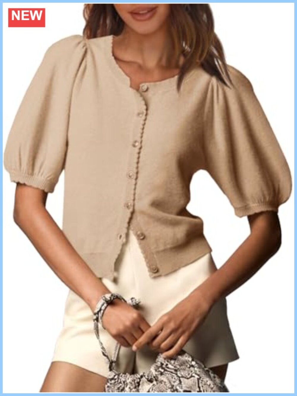 Puff Short Sleeve Cardigan Lightweight Knit Sweater Top